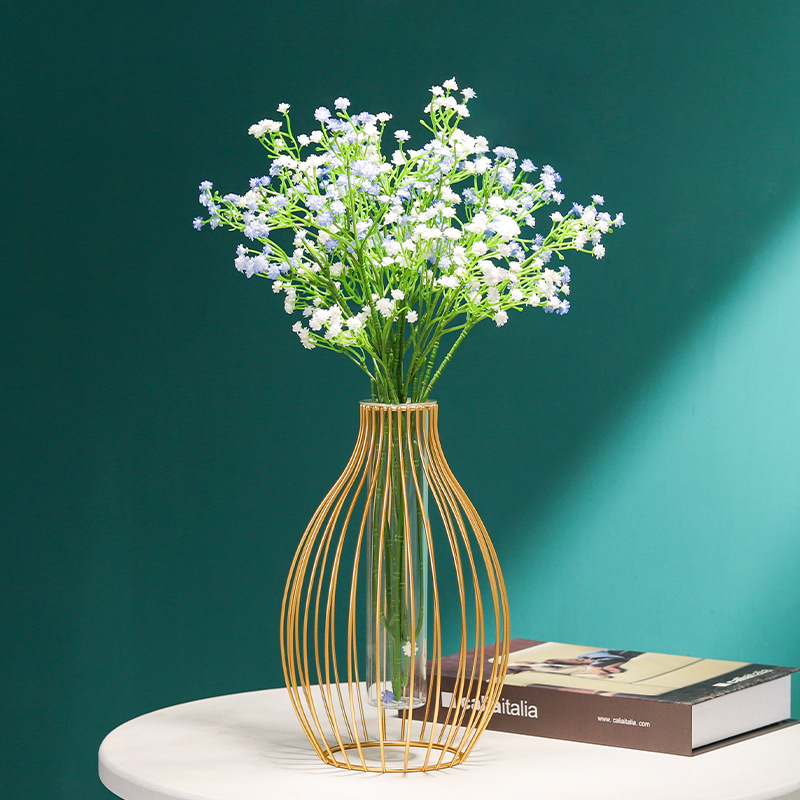 Home Table Gold Black Hydoponic Oval Metal Iron Frame Flower Pot Gold Glass Vase For Decorative