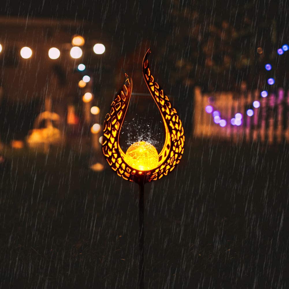 Garden Solar Pathway Light Outdoor Decorative Carved Metal with Warm White Crackle Glass Globe Stake Lights Waterproof LED for Lawn Patio or Backyard
