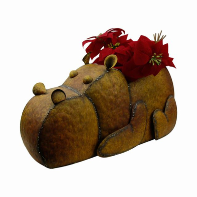 The rhino lie down metal garden ornamental flower container with a rectangular metal plant stand pot