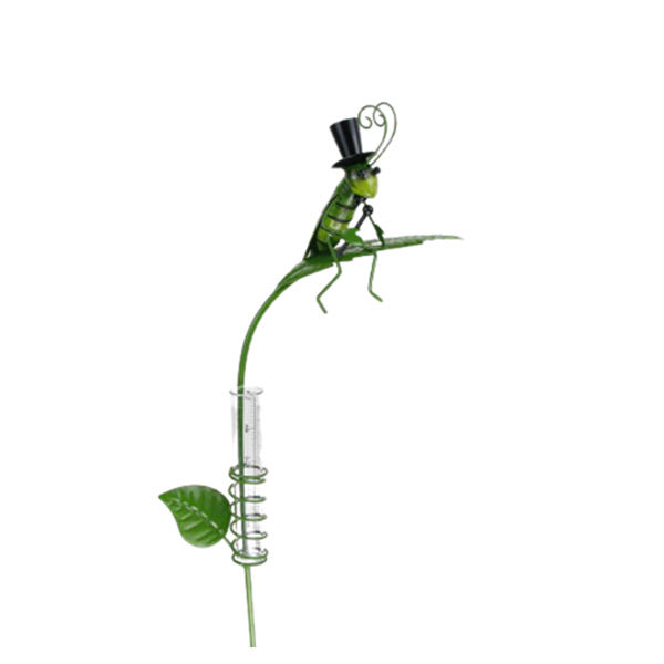 Hot selling iron metal rain gauge stake with small plastic tube grasshopper decoration with stand stakes