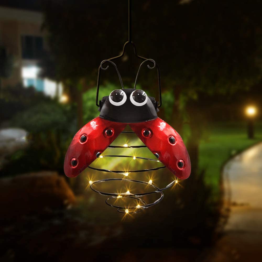 Solar Hanging Lantern Lights Outdoor LEDs Metal Ladybug Rustic Garden for Patio Yard Porch Tree Mother Day Decoration Gifts