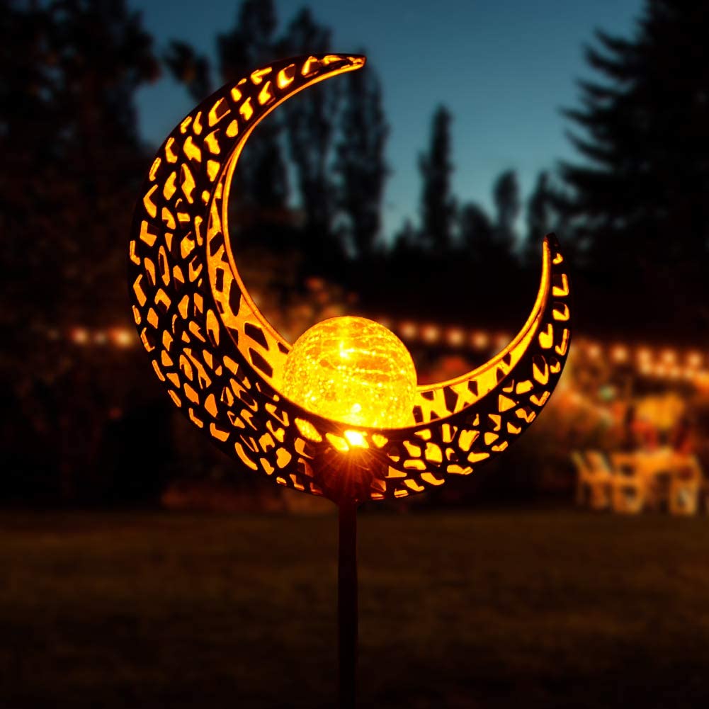 Solar Powered Garden Lights Antique Brass Hollow-Carved Metal Moon with Warm White Crackle Glass Globe Stake Lights