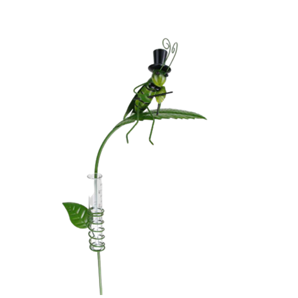 Hot selling iron metal rain gauge stake with small plastic tube grasshopper decoration with stand stakes